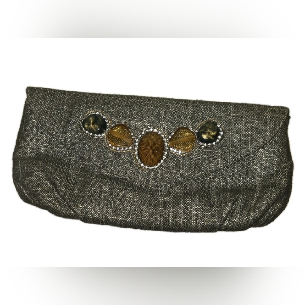 Vintage Bronze Linen Jeweled Chico's Clutch Purse